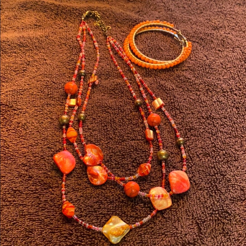 Coral Necklace and hoop earrings